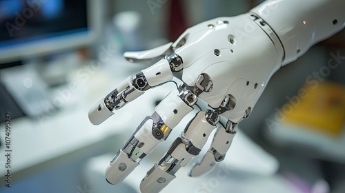 Close-up of a white robotic hand with silver joints and gears.