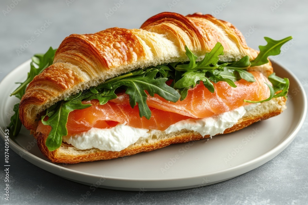 Close up of a croissant sandwich filled with cream cheese salmon and arugula on a white plate against a gray backdrop Healthy breakfast idea Close up of a croissant sandwich filled with cream cheese salmon and arugula on a white plate against a gray backdrop Healthy breakfast idea