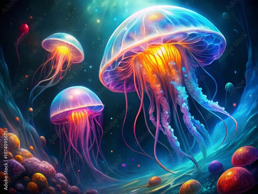 Naklejka premium Ethereal Glow of Bioluminescent Jellyfish in the Dark Ocean Depths: A Mystical Underwater Scene Capturing Nature’s Luminescence and Serenity