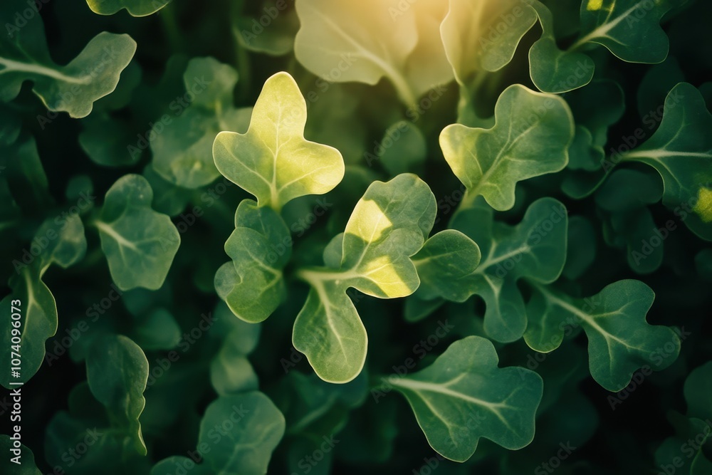 Close up overhead shot of arugula illuminated by sunlight Close up overhead shot of arugula illuminated by sunlight