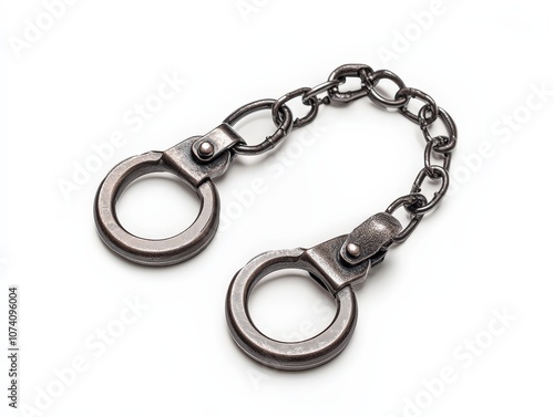 A pair of handcuffs attached to a metal chain on a police officer belt, isolated on a white background