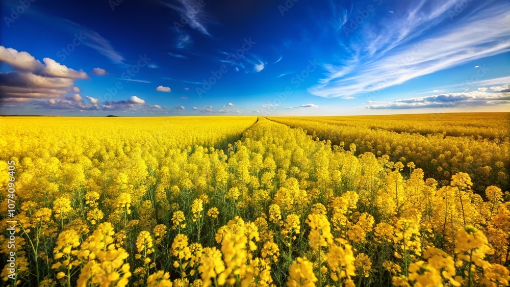 Fototapeta premium Expansive Yellow Mustard Field Under a Clear Blue Sky - A Vibrant Landscape Showcasing the Beauty of Agriculture and Nature’s Bounty in Full Bloom