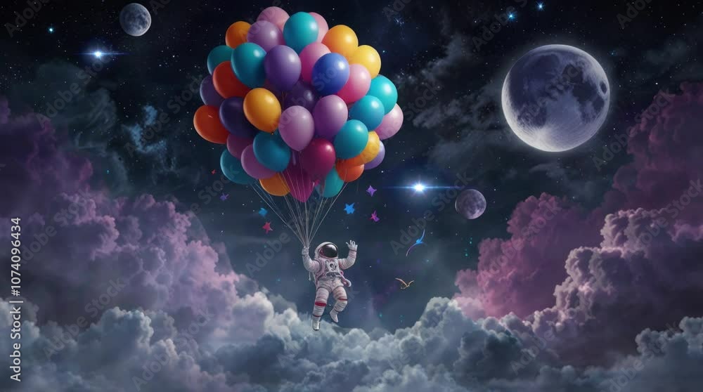 an astronaut holding a balloon and flying between clouds at night. Seamless looping time-lapse virtual 4k video animation background an astronaut holding a balloon and flying between clouds at night. Seamless looping time-lapse virtual 4k video animation background