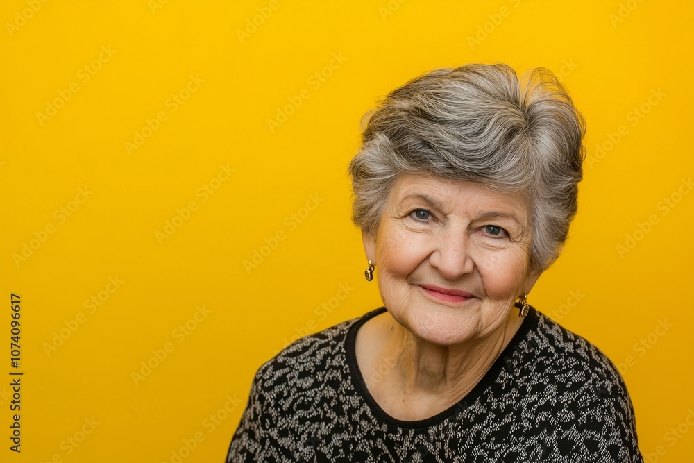 Portrait of a Woman with Gray Hair Against a Yellow Background Portrait of a Woman with Gray Hair Against a Yellow Background