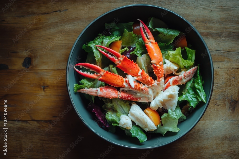 Crab stick atop salad on a brown wooden table Crab stick atop salad on a brown wooden table