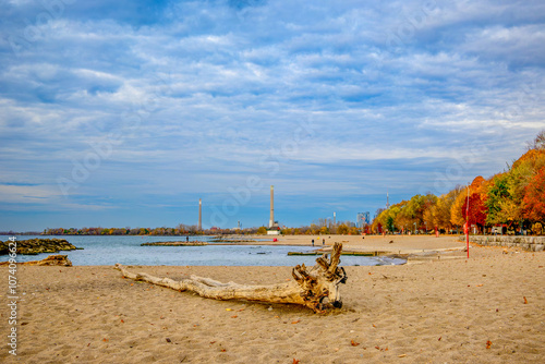 toronto beaches with fall color and blue sky room for text photo