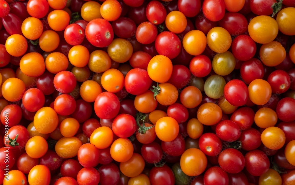 A pile of cherry tomatoes in various shades of red and orange, their small size adding to the colorful presentation A pile of cherry tomatoes in various shades of red and orange, their small size adding to the colorful presentation