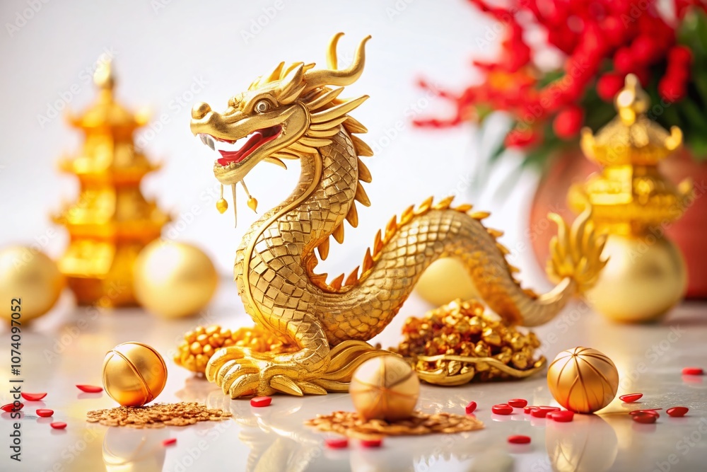 Exquisite 3D Gold Chinese New Year Dragon Figurine on White Background Capturing the Essence of Festivity and Tradition in Lunar New Year Celebrations Exquisite 3D Gold Chinese New Year Dragon Figurine on White Background Capturing the Essence of Festivity and Tradition in Lunar New Year Celebrations