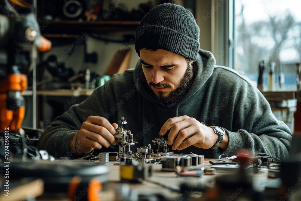 A prisoner assembling parts in a workshop, focused on the task, isolated on a white background A prisoner assembling parts in a workshop, focused on the task, isolated on a white background