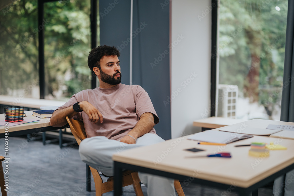 A thoughtful student sits in a bright classroom filled with study materials, suggesting focus and concentration on educational activities. A thoughtful student sits in a bright classroom filled with study materials, suggesting focus and concentration on educational activities.