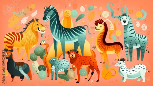 A playful vector illustration of animals in wgenerative ai illustrationimsical poses with bright, saturated colors.
