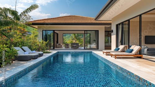 Wallpaper Mural Modern luxury villa with swimming pool and lounge chairs. Torontodigital.ca