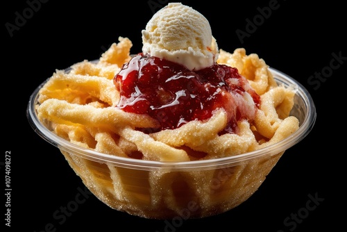 Fairground funnel cake topped with strawberry jam and ice cream set against a black background photo