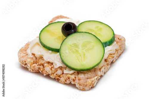 Rice Cake Sandwich with Fresh Cucumber, Cream Cheese and Olives - Isolated on White. Easy Breakfast. Quick and Healthy Sandwiches. Crispbread with Tasty Filling. Healthy Dietary Snack - Isolation