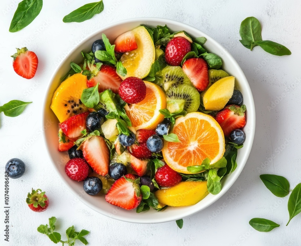 Fresh fruit salad in a bowl against a white backdrop Fresh fruit salad in a bowl against a white backdrop