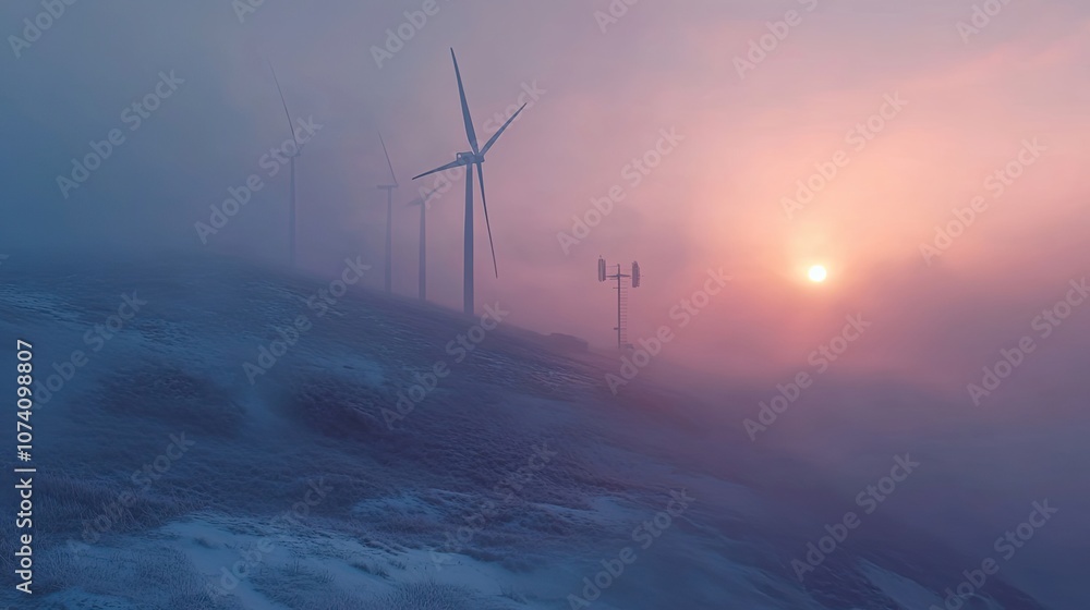 Wind Turbines Silhouetted Against a Foggy Sunrise Wind Turbines Silhouetted Against a Foggy Sunrise