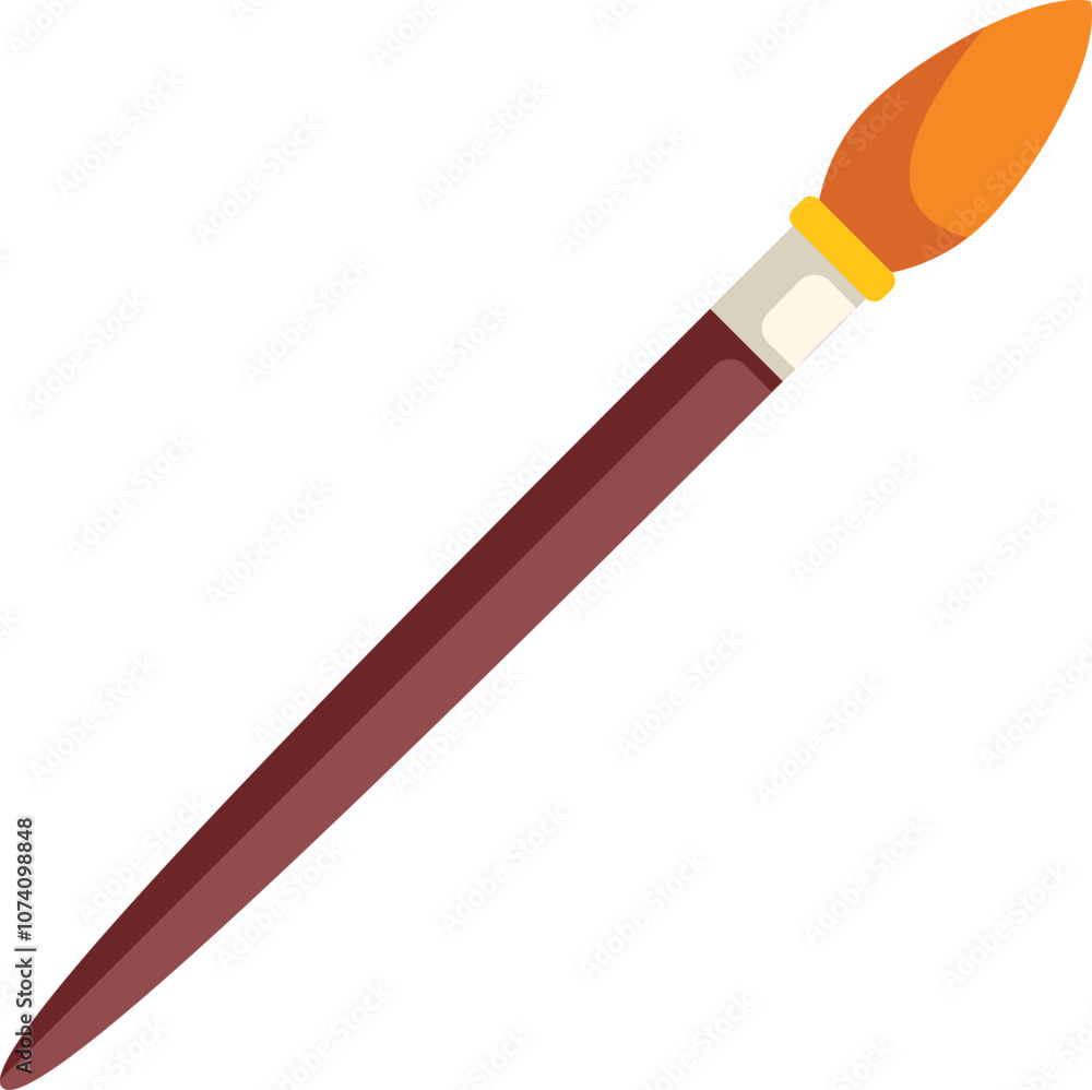Thin artist paint brush with orange paint is lying diagonally on a white background Thin artist paint brush with orange paint is lying diagonally on a white background