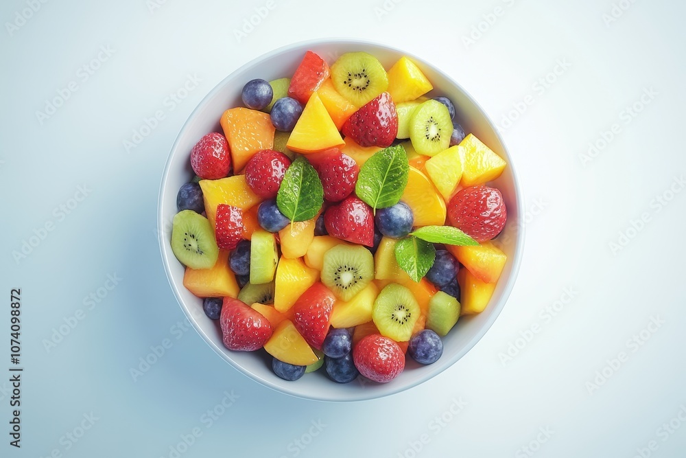 Fresh fruit salad served in a bowl on a white background Fresh fruit salad served in a bowl on a white background
