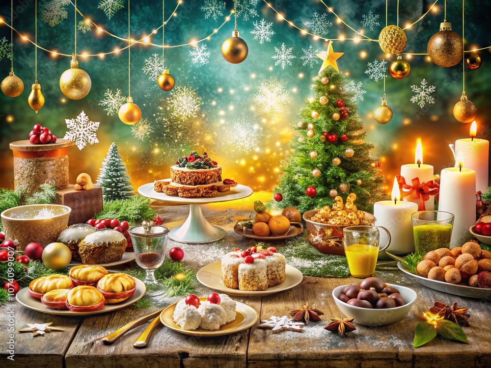Festive Christmas Feast with Golden Snowflakes Background, Complete with Delicious Holiday Dishes and Decorated Table Setting for a Perfect Holiday Celebration Festive Christmas Feast with Golden Snowflakes Background, Complete with Delicious Holiday Dishes and Decorated Table Setting for a Perfect Holiday Celebration