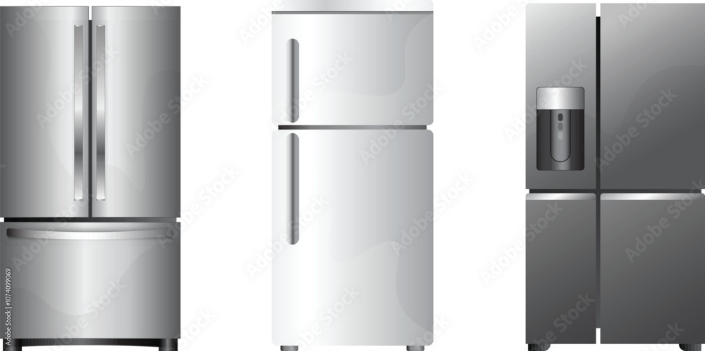 Gray refrigerator on white background. Modern refrigerators and freezers for kitchen. Kitchen appliances for storing and keeping food fresh Gray refrigerator on white background. Modern refrigerators and freezers for kitchen. Kitchen appliances for storing and keeping food fresh
