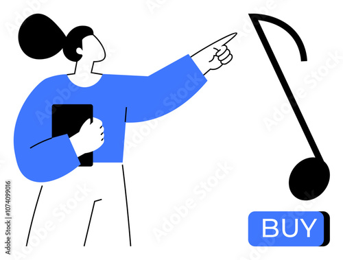 Woman holds a tablet and points at a musical note above a BUY button. Ideal for digital music, e-commerce, online shopping, music recommendations, tech advancements, digital content, marketing. Line