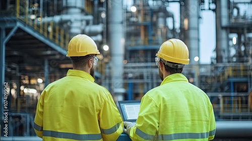 Two Industrial Workers in Yellow Safety Gear Looking at a Computer Screen