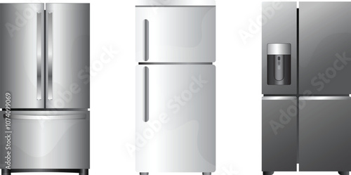 Gray refrigerator on white background. Modern refrigerators and freezers for kitchen. Kitchen appliances for storing and keeping food fresh