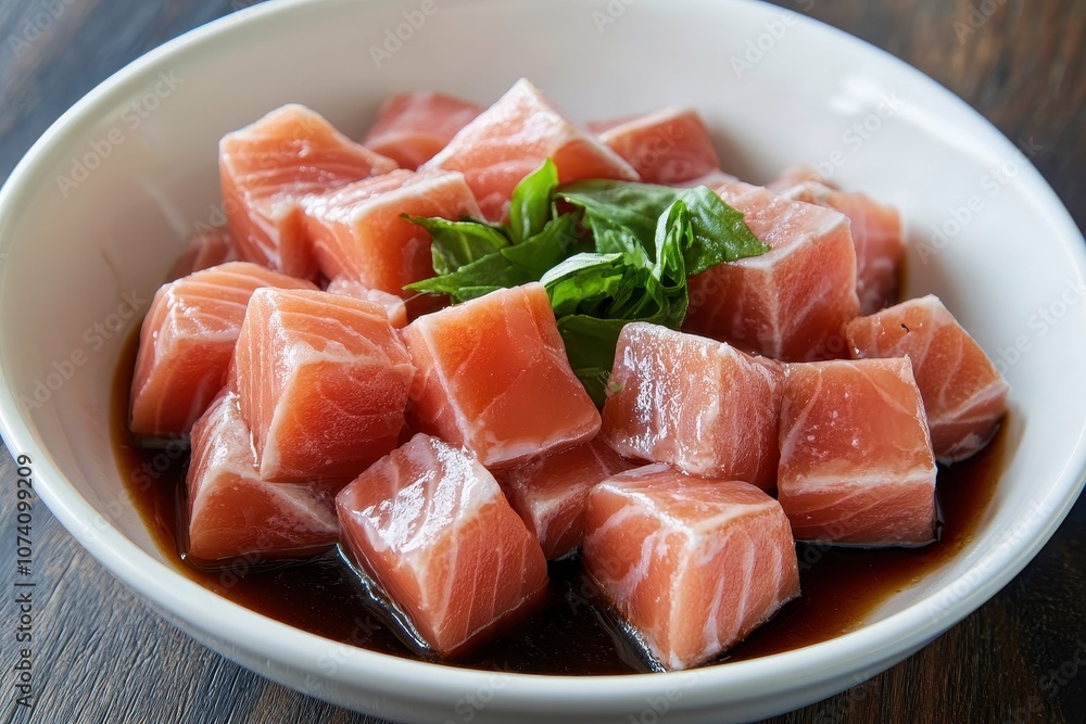 Fresh salmon cubes soaking in teriyaki sauce Fresh salmon cubes soaking in teriyaki sauce