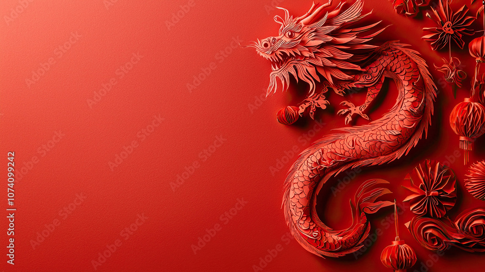 chinese new year paper carving red dragon background with copy space chinese new year paper carving red dragon background with copy space