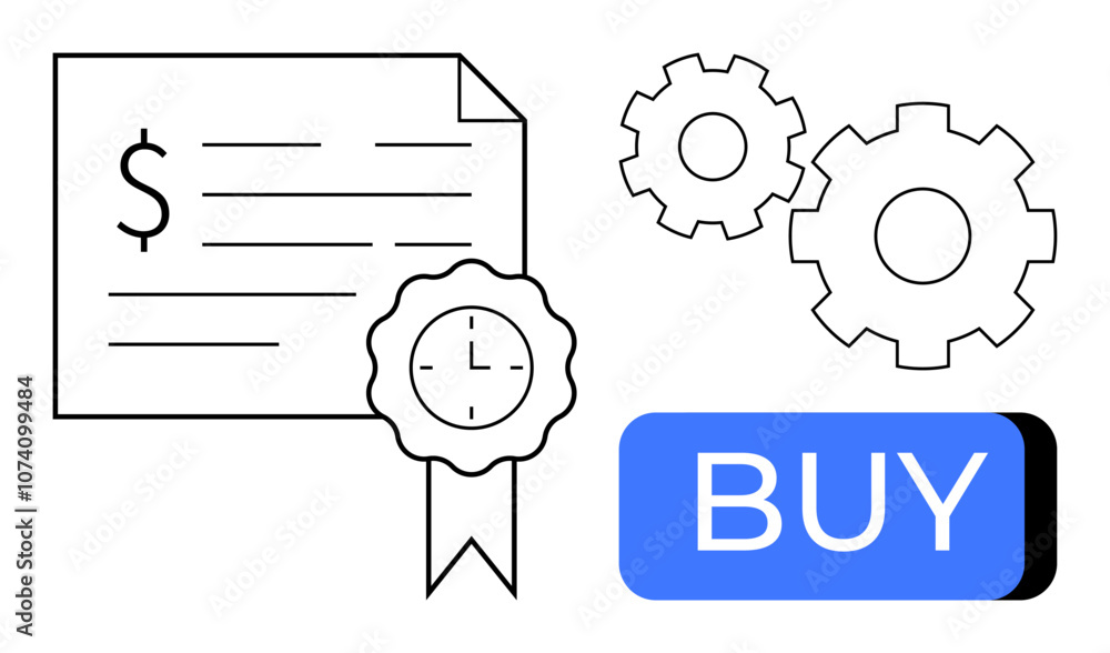Financial document with dollar symbol, gears, clock badge, and blue BUY button. Ideal for finance, investment, automation, e-commerce, transactions, technology, and productivity concepts. Line Financial document with dollar symbol, gears, clock badge, and blue BUY button. Ideal for finance, investment, automation, e-commerce, transactions, technology, and productivity concepts. Line