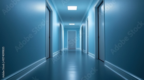 A serene, illuminated hallway with a calm blue hue, showcasing modern interior design and perspective lines.