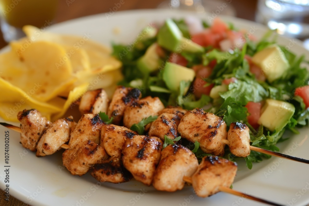 Grilled spicy chicken skewers served with fresh salad in tortillas Grilled spicy chicken skewers served with fresh salad in tortillas