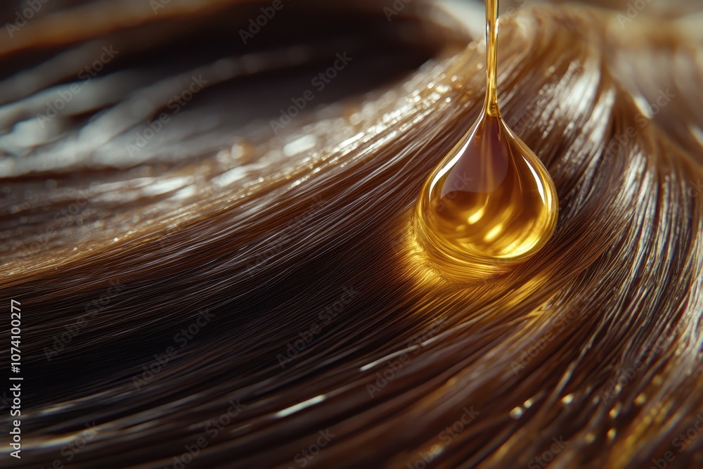 Obraz premium Hair wellness oil Close up of human hair with a drop of oil Hair care and spa concept 3D rendering