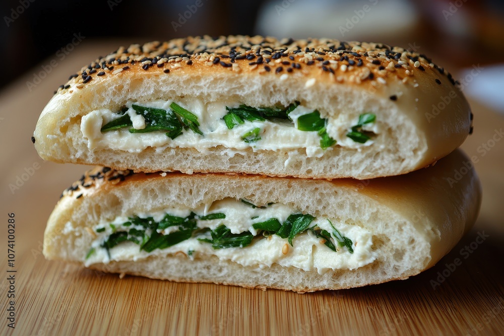 Halved and stacked New York sesame bagel with scallion cream cheese Halved and stacked New York sesame bagel with scallion cream cheese