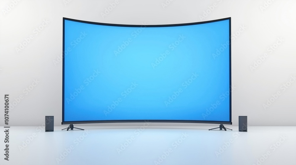 Curved television display on a sleek stand with speakers, isolated on a white background. Curved television display on a sleek stand with speakers, isolated on a white background.