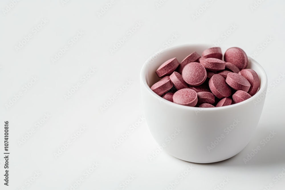 Iron supplements with vitamins B1 B12 and C for anemia displayed in a cup on a white background Iron supplements with vitamins B1 B12 and C for anemia displayed in a cup on a white background