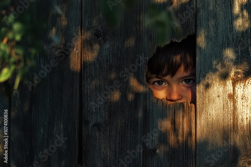 Inquisitive child looks through fence hole to discover what s beyond photo