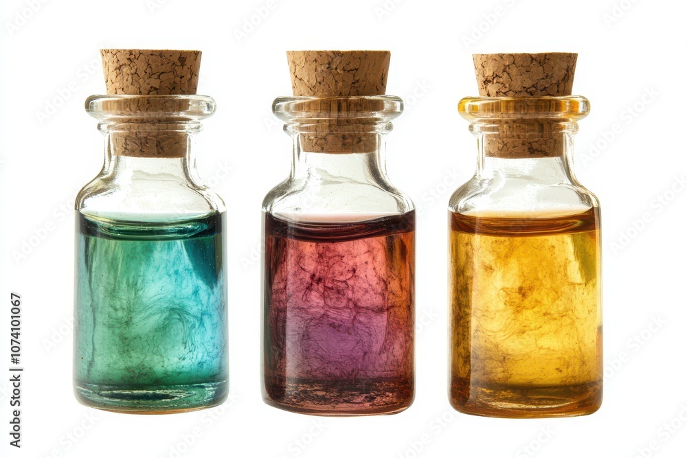 Isolated essential oil bottles with cork on white clipping path included Isolated essential oil bottles with cork on white clipping path included