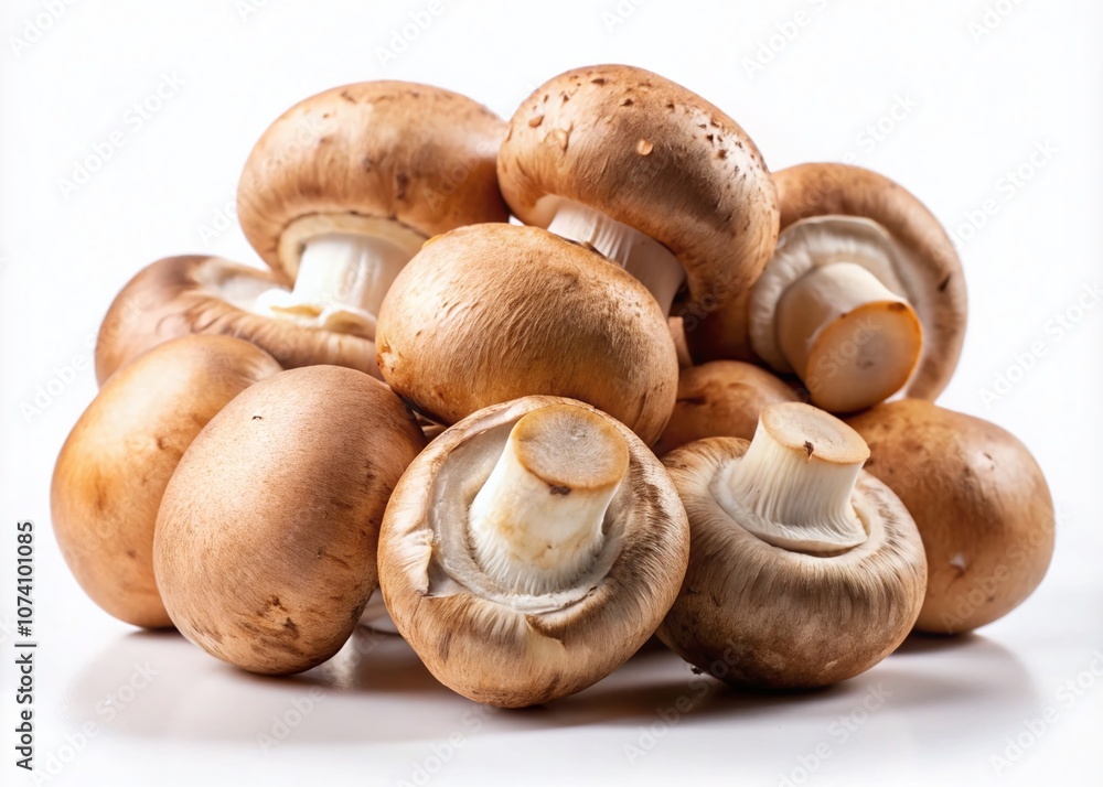 Fresh Champignon Mushrooms Isolated on a Clean White Background, Perfectly Arranged Using the Rule of Thirds for Culinary and Food Photography Needs Fresh Champignon Mushrooms Isolated on a Clean White Background, Perfectly Arranged Using the Rule of Thirds for Culinary and Food Photography Needs