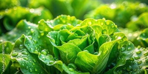 Fresh Green Lettuce with Water Drops Glistening in the Sunlight on a Natural Background - A Vibrant Close-Up of Nature's Fresh Produce for Culinary and Health Imagery