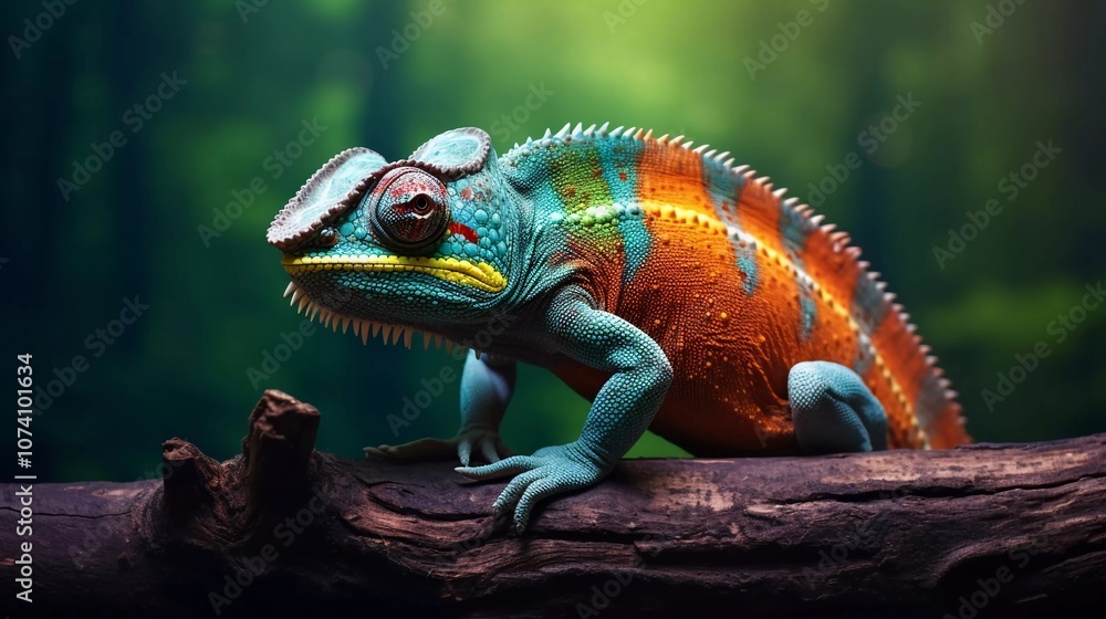 Fototapeta premium A vibrant chameleon perched on a log, showcasing its colorful skin in a lush forest setting.