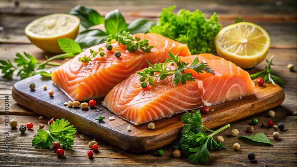 Fresh Raw Salmon Displayed on a Rustic Wooden Board with Herbs and Lemon Garnish, Perfect for Culinary Photography and Healthy Eating Inspiration Fresh Raw Salmon Displayed on a Rustic Wooden Board with Herbs and Lemon Garnish, Perfect for Culinary Photography and Healthy Eating Inspiration