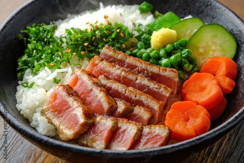 Lightly grilled tuna tataki served with steamed rice and veggies Lightly grilled tuna tataki served with steamed rice and veggies