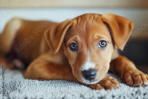 Lonely red puppy at the animal shelter hoping for a new owner