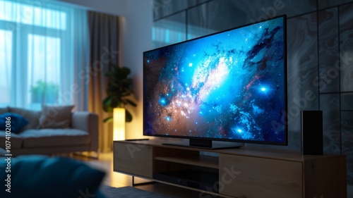 A modern LED TV in a cozy living room displaying a vivid galaxy image