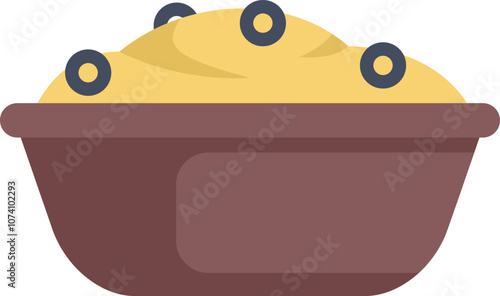 Bowl full of hummus decorated with olives, traditional arabic cuisine dish, tasty snack or appetizer serving idea