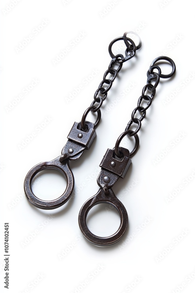 A set of handcuffs dangling from a prison guard belt, isolated on a white background A set of handcuffs dangling from a prison guard belt, isolated on a white background