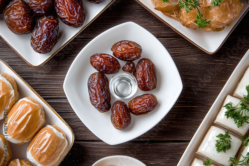 traditional food items laid out for iftar, with dates and water in the center. photo