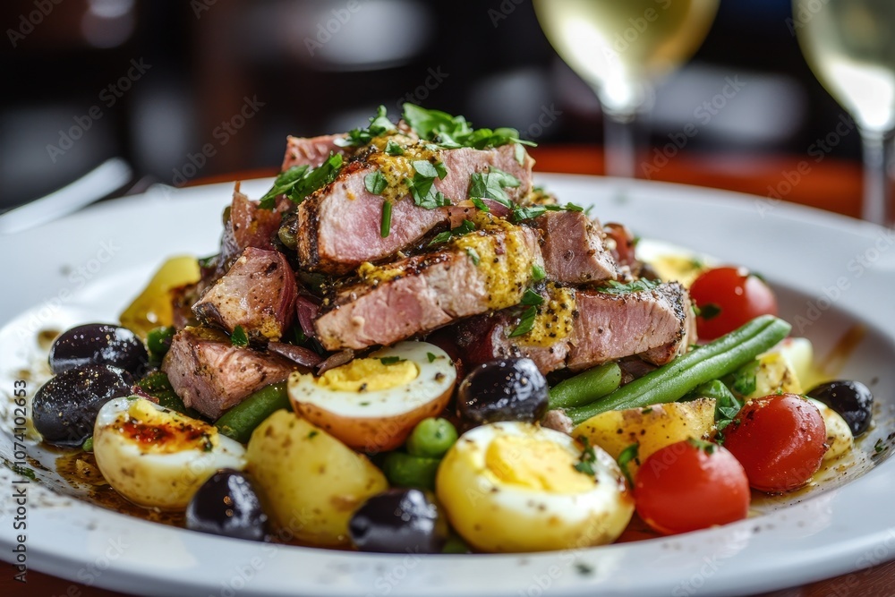 Nicoise salad with tuna green beans cherry tomatoes eggs small potatoes black olives anchovies and mustard vinaigrette Nicoise salad with tuna green beans cherry tomatoes eggs small potatoes black olives anchovies and mustard vinaigrette