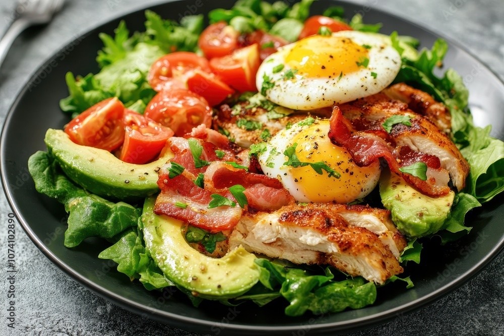 Nutritious Cobb salad with egg bacon avocado chicken and tomato suitable for a keto low carb diet Nutritious Cobb salad with egg bacon avocado chicken and tomato suitable for a keto low carb diet